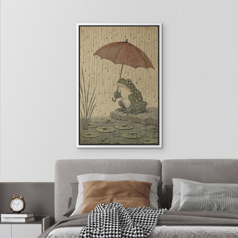 Illustration vintage d'une grenouille avec parapluie par temps de pluie, sur toile encadrée, pour la chambre principale. Impression d'art mural.