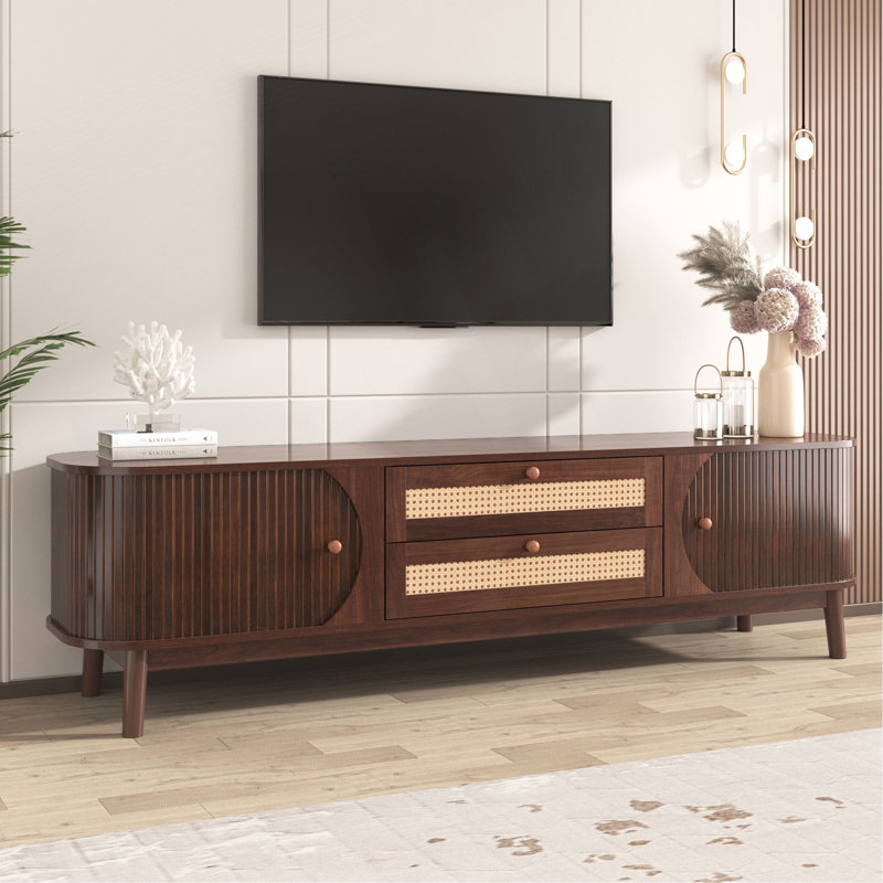 Rattan TV Stand For Tvs Up To 75'', Modern Farmhouse Media Console, Entertainment Center With Solid Wood Legs, TV Cabinet For Living Room,Home Theatre