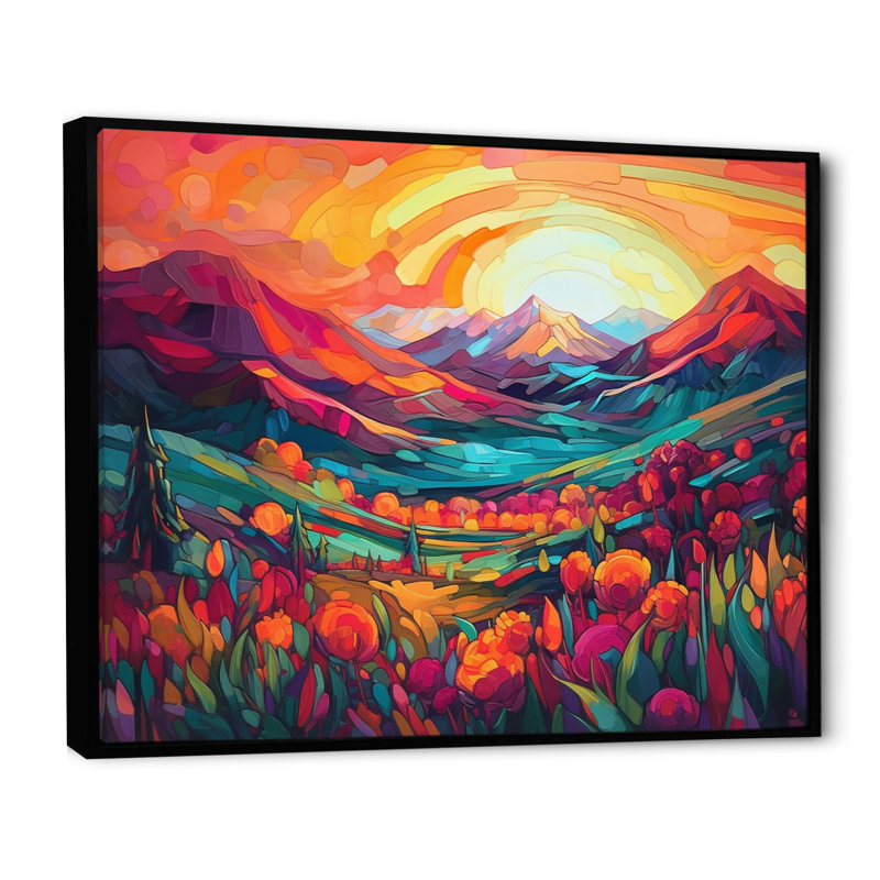 «Vibrant Sunset Shining Over Mountains I», art sur toile, H 16 po x l 32 po x P 1 po, Cadre flottant noir