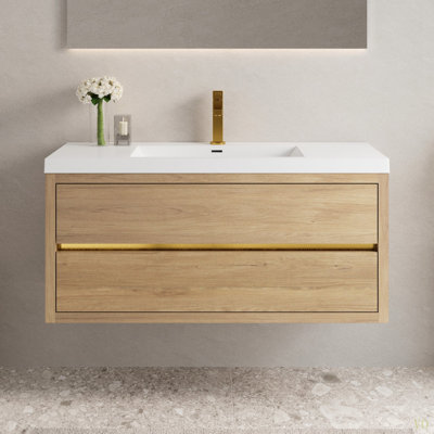 48" Wall-Mounted Bathroom Vanity With Sink, Floating Bathroom Storage Cabinet With Stone Resin Countertop And Soft Close Drawers Fully Assembled