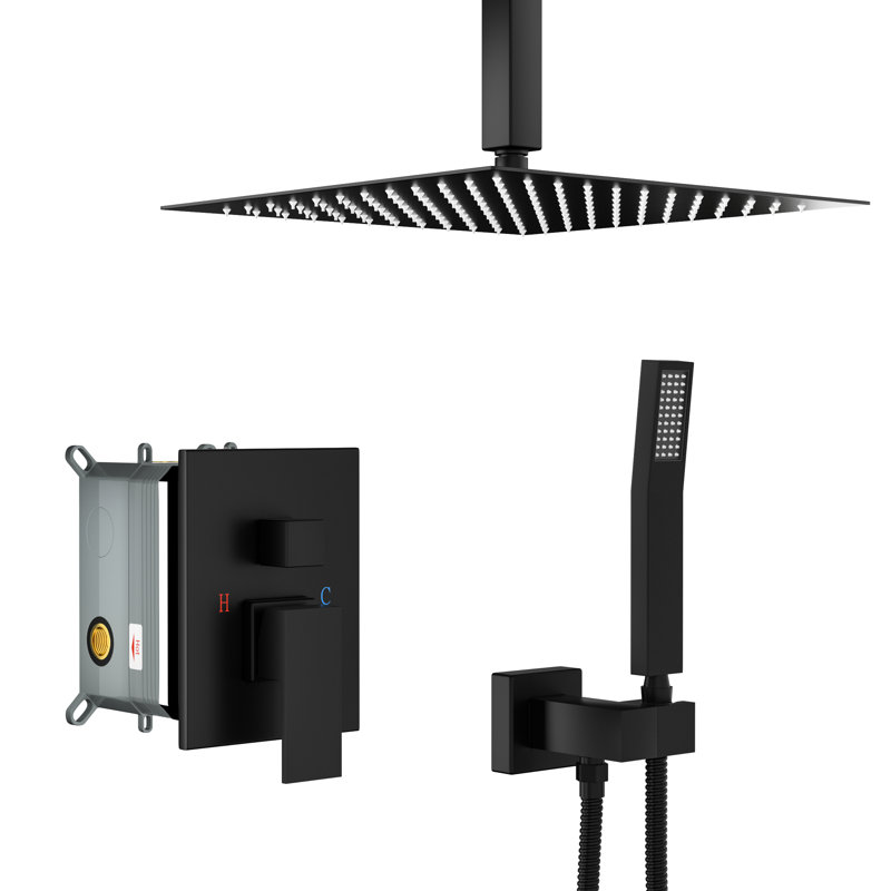 Pomme de douche carrée double 10 po avec système de fixation au plafond noir mat avec valve équilibrée, installation facile et fonction portative incluse