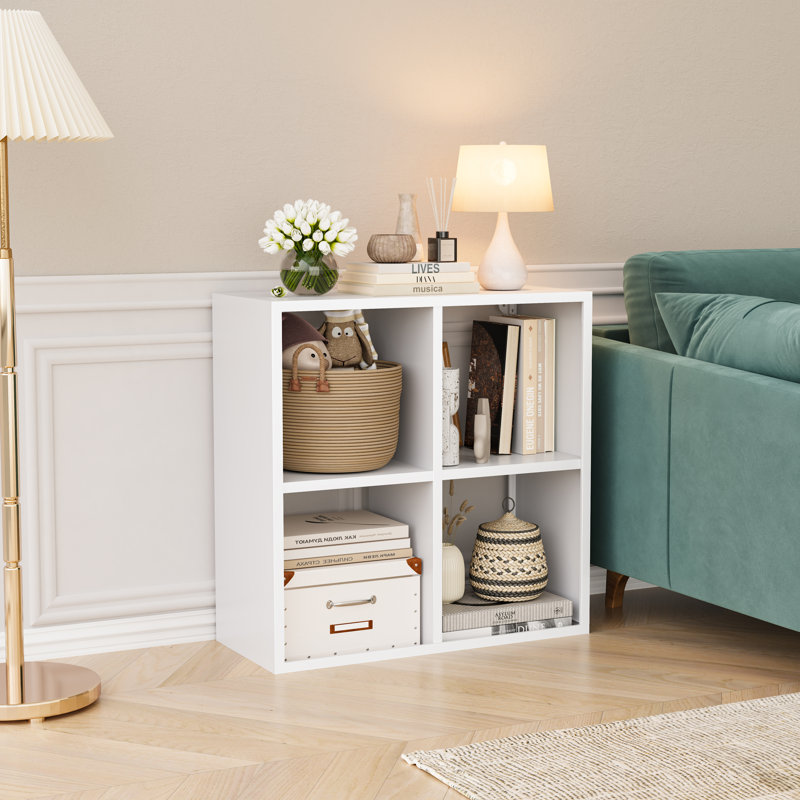 4-Cube Storage Organizer Shelf, Metal Open Cube Bookshelf, Modern Bookcase for Living Room, Home Office, Sturdy Room, White