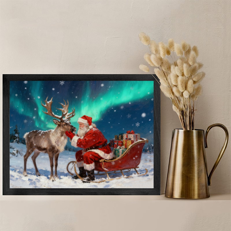 Art mural rétro noir encadré père Noël et renne dans la forêt d'hiver, H 17 po x l 25 po