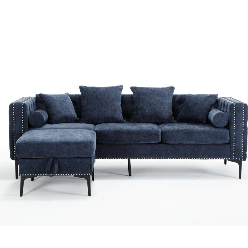 Canapé modulaire bleu en chenille avec accoudoirs carrés et canapé modulaire 3 places, Bleu