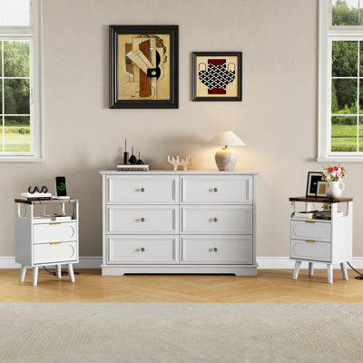 3-Piece Bedroom Set: 6-Drawer Double Dresser  Set Of 2 Nightstands With RGB LED Lights And Charging Station