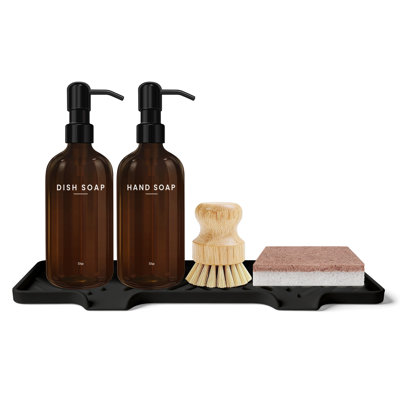 Kitchen Soap Dispenser Set: 17oz Glass Dish And Hand Soap Dispenser With Stainless Steel Pump, Instant Dry Tray, Dish Brush & Sponge, Refillable Countertop Sink Decor For Kitchen & Bath, Brown