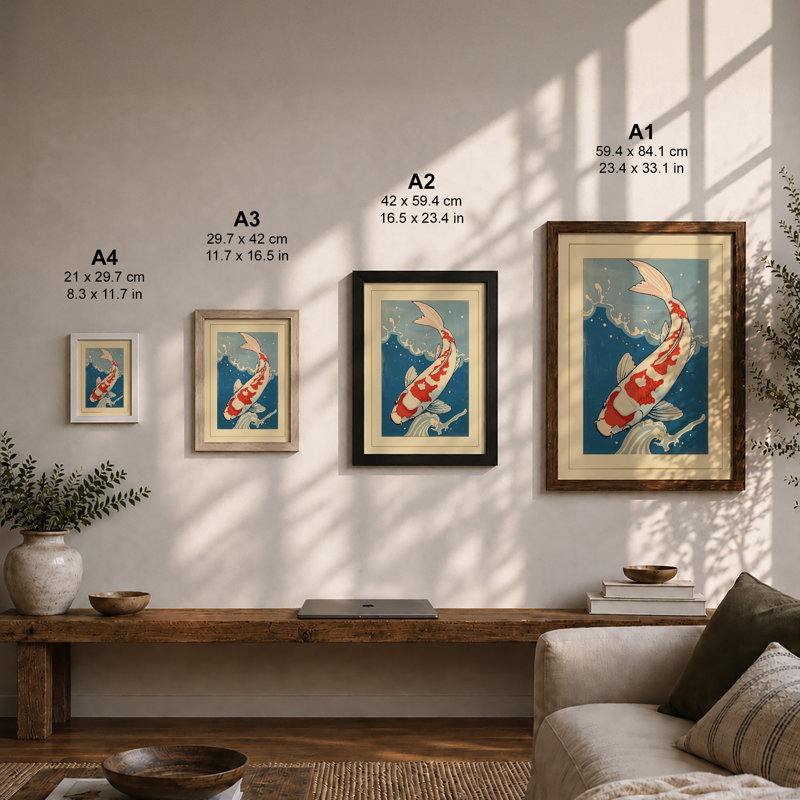 Leaping Koi Japandi - Framed Print, A2 - 59.4 x 42.0 cm, Oak
