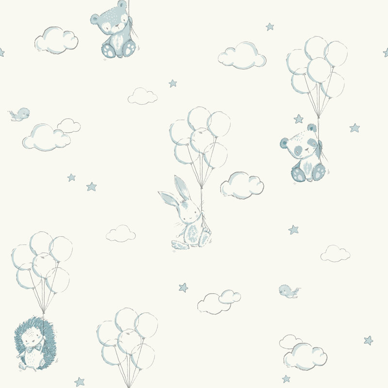 Papier peint animaux avec des ballons flottants, Bleu