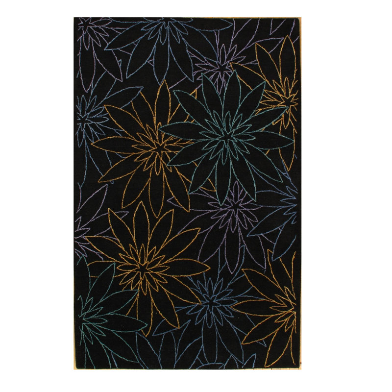 Tapis noir/jaune en laine touffeté à la main moderne 5 pi x 8 pi
