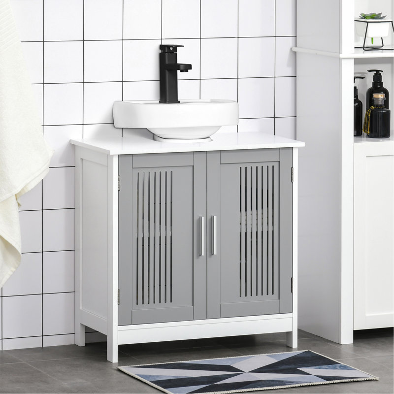 Armoire moderne sous le lavabo avec 2 portes, armoire de salle de bain piédestal sous le lavabo, meuble-lavabo avec tablettes réglables, gris et blanc