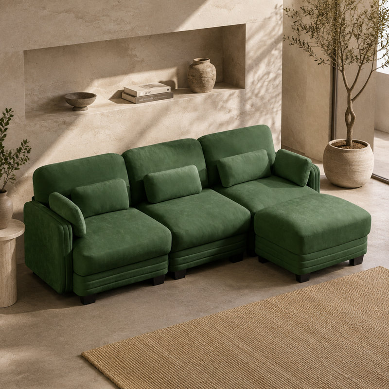 Canapé d'angle 3 places en L avec pouf amovible, canapé d'angle modulaire capitonné en chenille verte