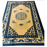 1920s Beige Medallion Antique Chinese Peking Rug Handknotted Wool Carpet 6'0" x 8'7" Area Rug