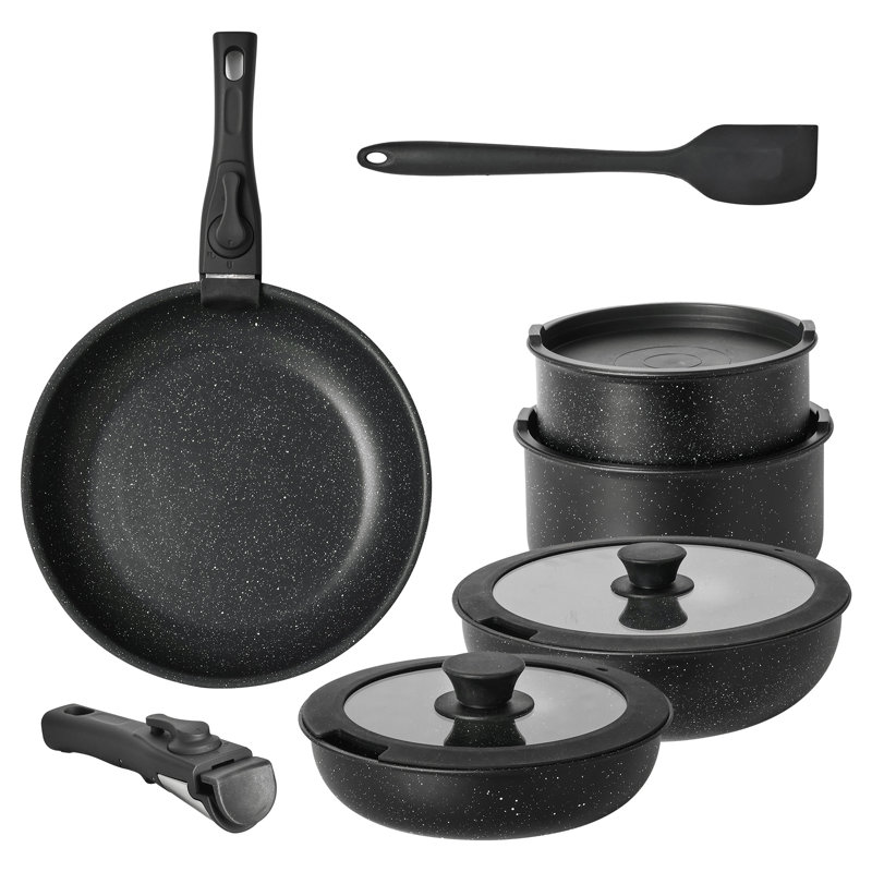 12-Piece Detachable Handle Non-Stick Granite Cookware Set, Home Kitchen Pots and Pans Set, Black