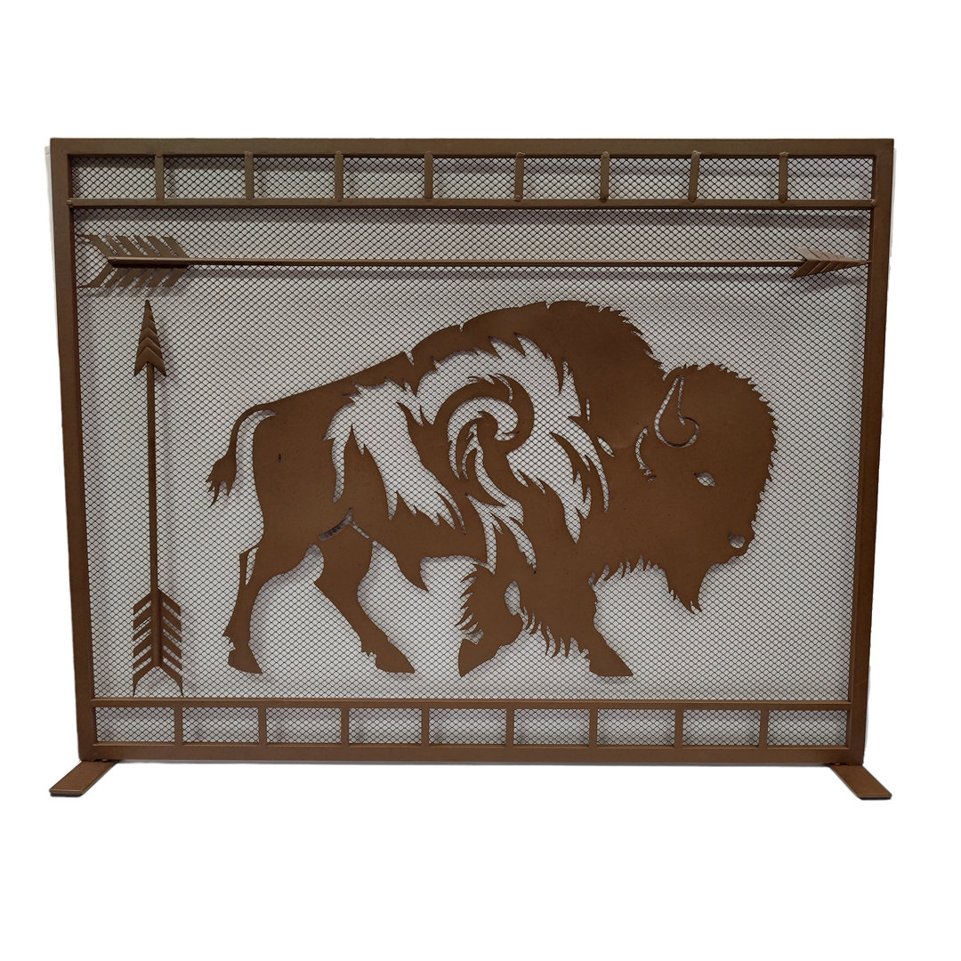 Latavia Southwestern Wild Bison Buffalo Heavy Brown Metal Mesh Screen 1-Panel Decorative Fireplace Screen Union Rustic
