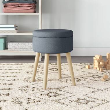 Round Ottoman Foot Rest Stool, Small Fabric Footstool with Non-Skid Wood Legs, Beige Corrigan Studio