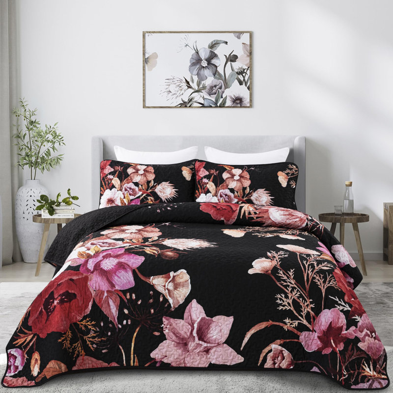 Ensemble de courtepointe 3 pièces Boho Floral, Courtepointe très grand et 2 très grandes taies, Motif floral rouge