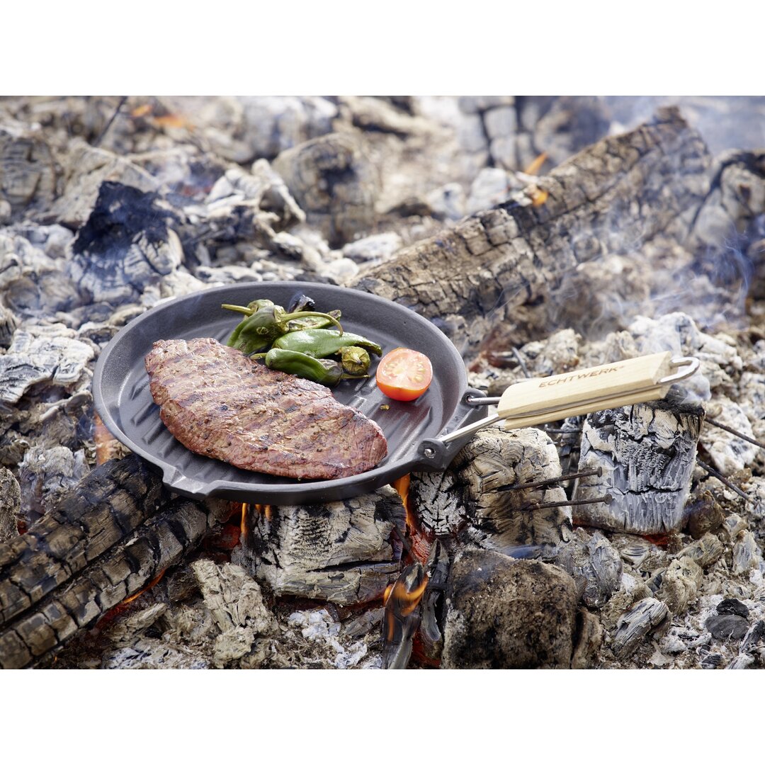 Echtwerk Grillpfanne aus Gusseisen und Emaille-Beschichtung 24cm, abnehmbarer Holzgriff, seitlicher Fettausguss