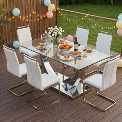 Joniya Modern 63" Rectangular Tempered Glass Dining Set Metal U Base Table with Faux Leather Cantilever Chairs