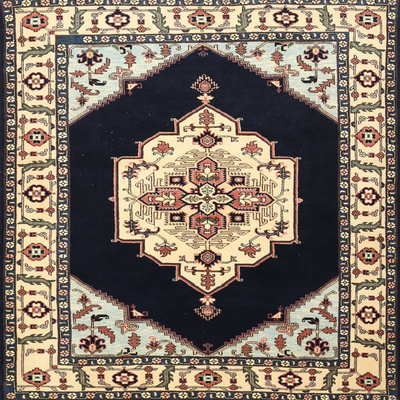 Tapis traditionnel noir / beige, Carré 7 pi