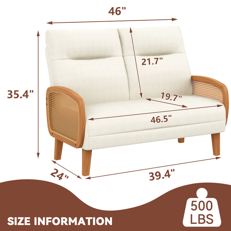 46.5" Upholstered Loveseat Sofa With Rattan Arms, Ivory