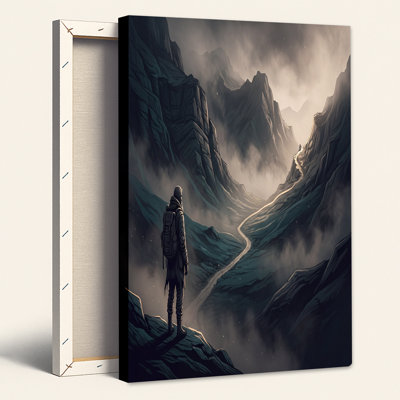 «Hiker Gazing At Winding Path In Misty Mountain Valley», art mural