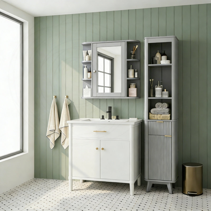 Armoire de salle de bain à miroir murale avec rangement 2 en 1, 6 tablettes ouvertes et tablette réglable, Gris