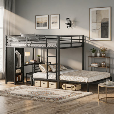 Queen Over Queen Bunk Bed with Desk & Wardrobe, Heavy Duty Metal Bunk Bed with Guardrail & Ladder, Modern Slats Beds for Adults, Bedroom, No Squeaking & Easy Assembly