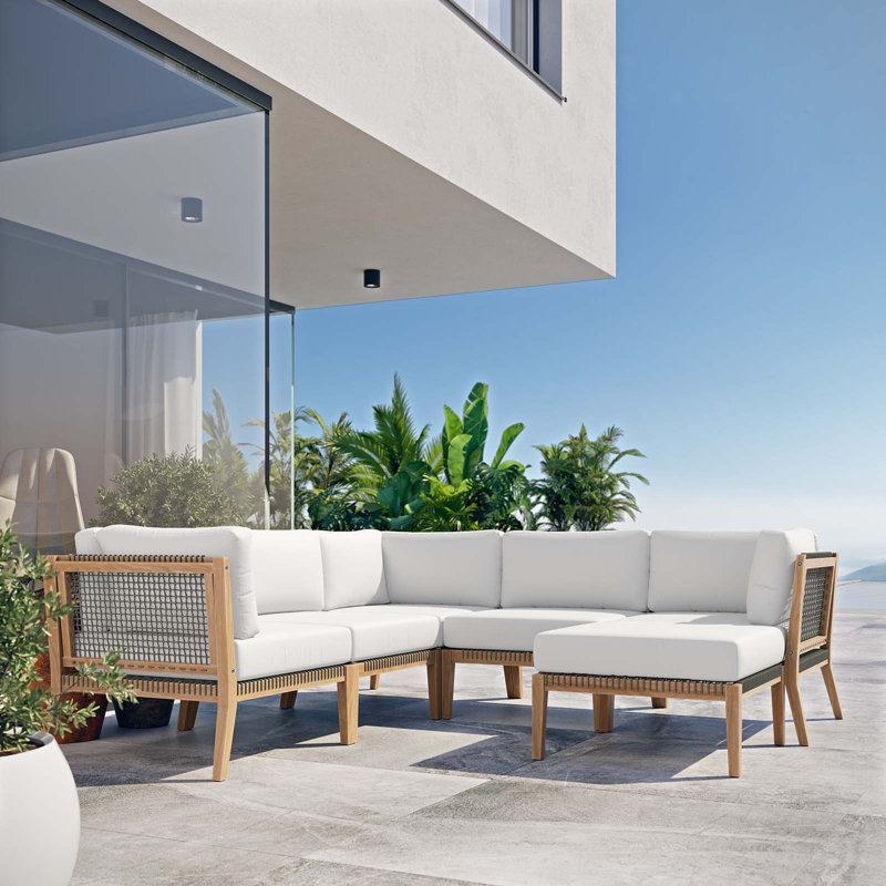 Canapé modulaire d'extérieur en bois de teck 6 pièces Clearwater par Modway, Blanc