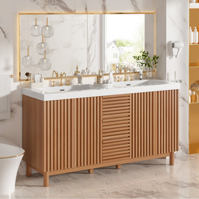 Meuble-lavabo double 59 po avec lavabo en résine SMC, armoire de rangement moderne à poignées cachées avec tablettes en U et tiroirs à fermeture en douceur
