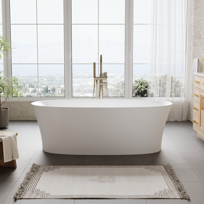 Baignoire autoportante à surface de trempage l 67 po x P 31 po avec bonde escamotable et trop-plein à rainure, blanc