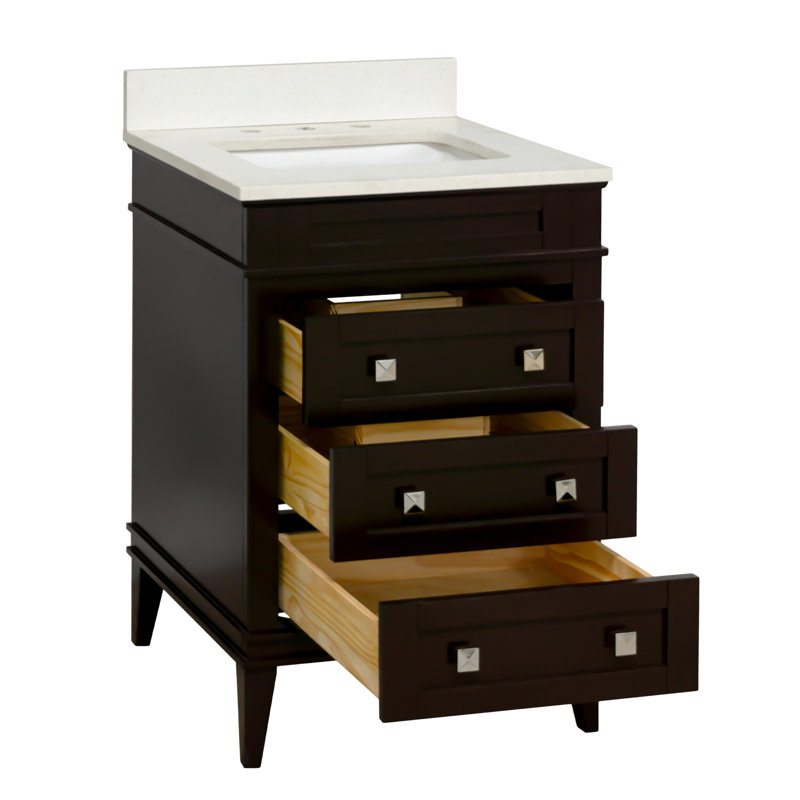Ensemble de meuble-lavabo simple 24 "avec armoire chocolat et comptoir en quartz Francfort, Chocolat, Quartz