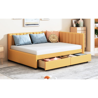 Lit de jour rembourré en tissu de lin, jaune, 2 tiroirs, sans sommier, lit de jour de fabrication sécurisée en tissu jaune, tiroirs pour l'organisation, lit à ressorts