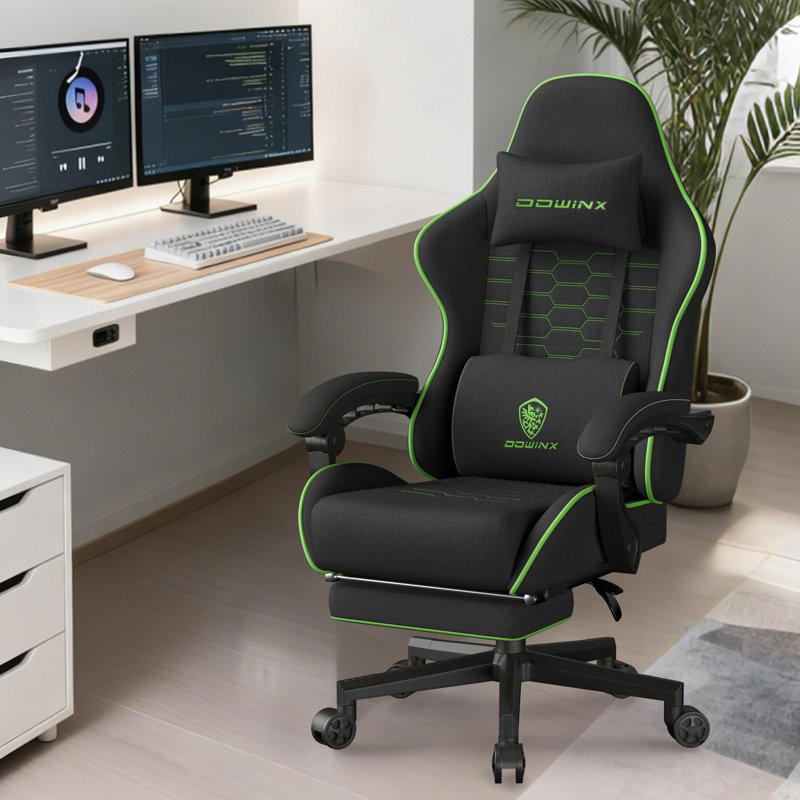 Fabric Big and Tall Gaming Chair, Ergonomic High Back Design with Pocket Spring Cushion, Adjustable Headrest and Retractable Footrest for Office and Gaming, 350LBS