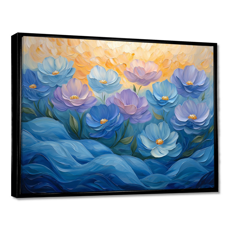 Ikera Blue Peony Petals In Harmony II - pivoines, art mural, H 34 po x l 44 po, Noir, Impression encadrée flottante