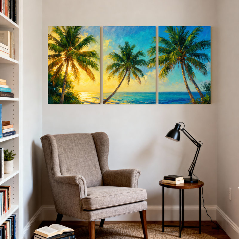 Palmiers, palmiers tropicaux, coucher de soleil, scène de plage, ensemble de 3 reproductions d'art sur toile