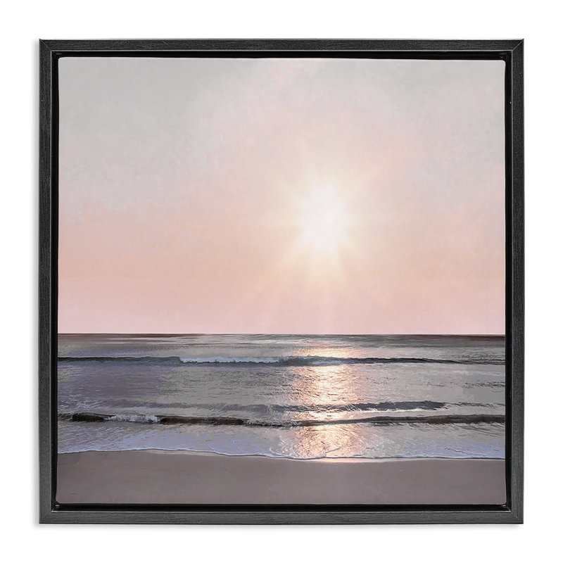 «Peach Sunrise over Beach», art mural encadré flottant par Mike Calascibetta, Cadre flottant noir de jais, H 18 po x l 18 po