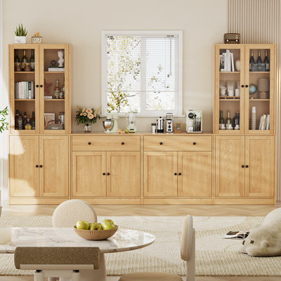  110.3'' Wide Modular Kitchen Pantry Cabinet with Bookcases,Soft Close Glass Doors and Drawers, Large Sideboard Buffet Storage System, Wood