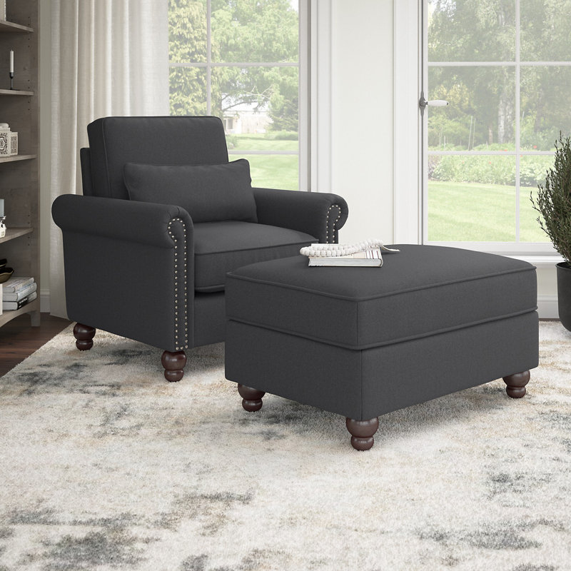 Fruzsina Upholstered Armchair with Ottoman, Dark Gray 100% Polyester