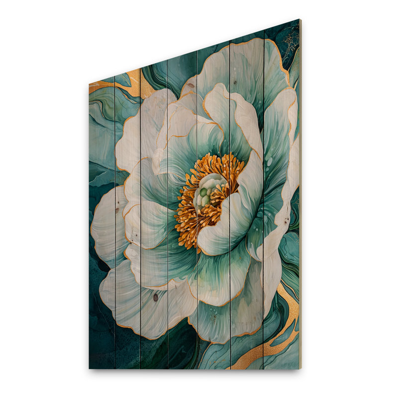 Radiant Symphony Of Peony On Emerald I - impression de bois vert moderne sur bois de pin naturel, H 20 po x l 10 po