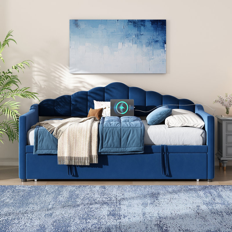 Upholstered Twin Size Daybed With Trundle, USB & Type-C Charging Port And 2 Side Pockets, Blue