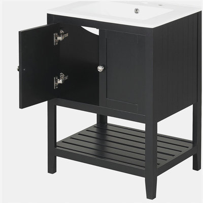 24" modern minimalist bathroom vanity with ceramic bowl and solid wood frame open shelves