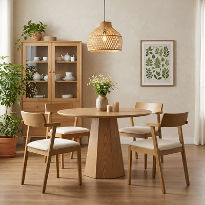 Dining Set Mid-Century Modern Round Wooden Table & Upholstered Chair Set For Home, Kitchen, Dining Room