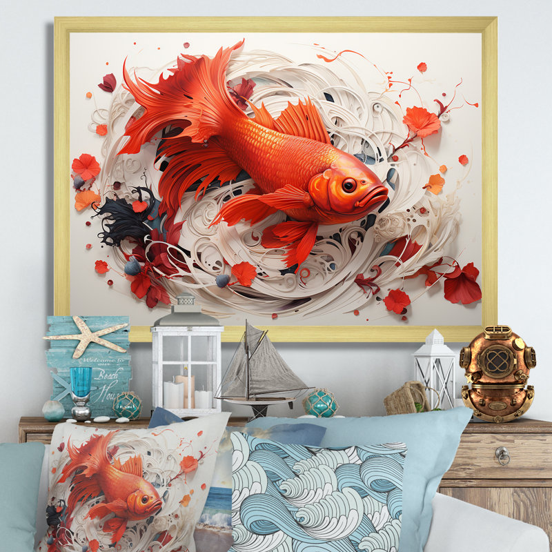 Kois rouge et gris nageant avec sérénité sur toile, Cadre doré simple, H 16 po x l 32 po x P 1 po