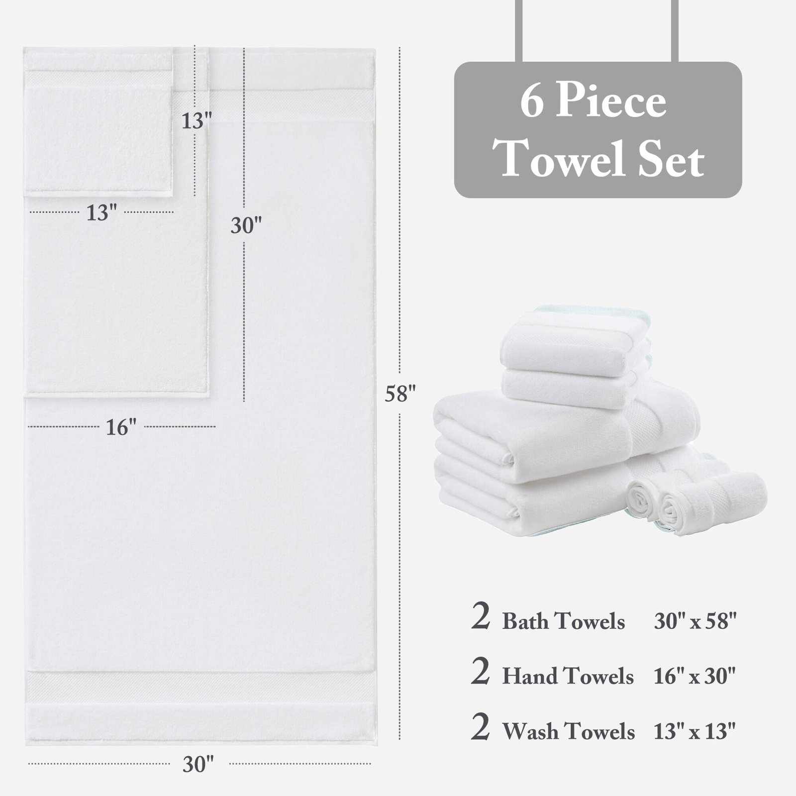Turkish 100% Cotton Oversized Quick Dry Highly Absorbent Towel Set, White, 6 Piece Towel Set