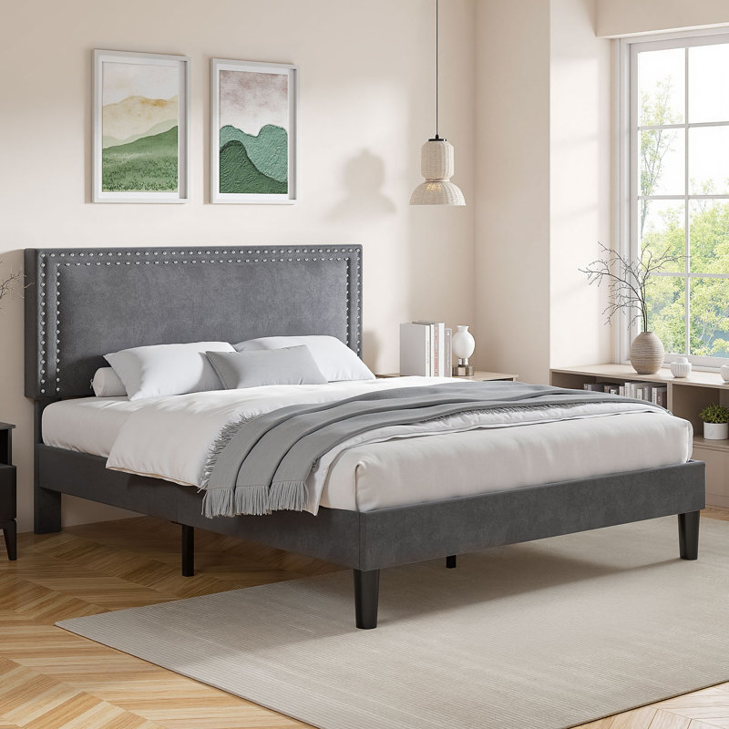 Full Size Dark Grey Velvet Upholstered Platform Bed with Adjustable Headboard, Modern Bed Frame with Wood Slats, No Box Spring Needed