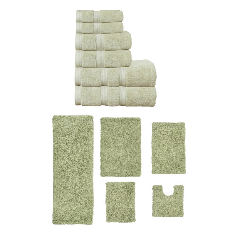 Ensemble de serviettes 3 pièces et tapis de bain 3 pièces Bruno Collection 100% coton doux (ensemble de 6), Vert