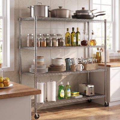 4-Tier Heavy Duty Metal Shelving Unit，Storage Shelves with Wheels