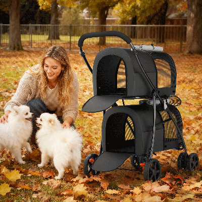 Poussette pliante pour animaux de compagnie pour chats et chiens 4-en-1 Poussette double pour petits et moyens animaux avec chariot convertible