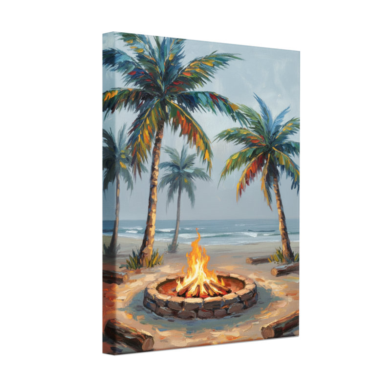 Plantes et fleurs, plage, foyer, palmiers, vue sur l'océan, coucher de soleil, ciel, H 18 po x l 12 po, Toile tendue