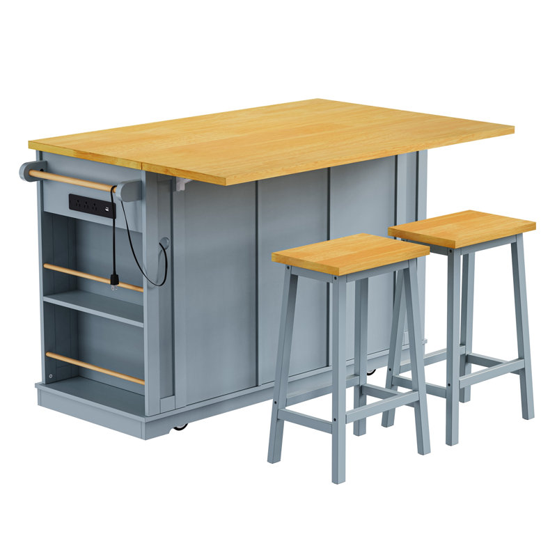 53inch Large Kitchen Island with 2 Bar Stools,Power Outlet,Door Internal Storage Rack,Kitchen Storage Cart on 5 Wheels with Drop Leaf,5 Open Side Racks,3 Drawers